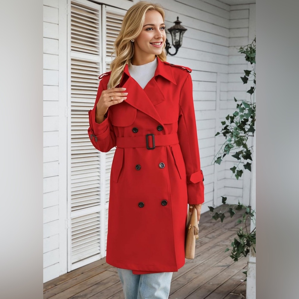Trench Coat Size Large Women Long Red Jacket Belted New - Picture 2 of 4